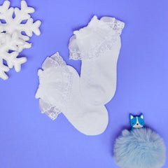 3 Pair Set Girl's 1 to 3 Years Frill Lace Cotton Solid Ankle Socks White-SK1312/SK1324/SK1330