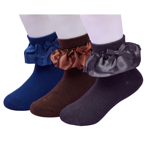 3 Pair Set Girl's 1 to 3 Years Frill Lace Cotton Solid Ankle Socks Balck,Blue,Brown-SK1313/SK1315/SK1317