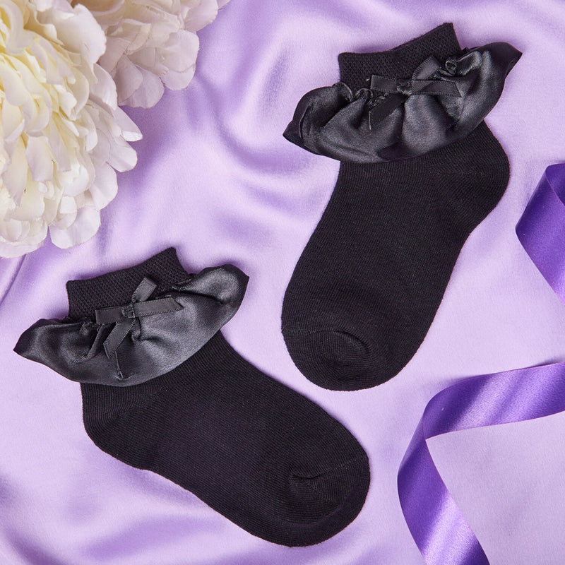 3 Pair Set Girl's 1 to 3 Years Frill Lace Cotton Solid Ankle Socks Balck,Blue,Brown-SK1313/SK1315/SK1317
