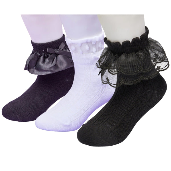 3 Pair Set Girl's 1 to 3 Years Frill Lace Cotton Solid Ankle Socks Black,White-SK1313/SK1325/SK1336