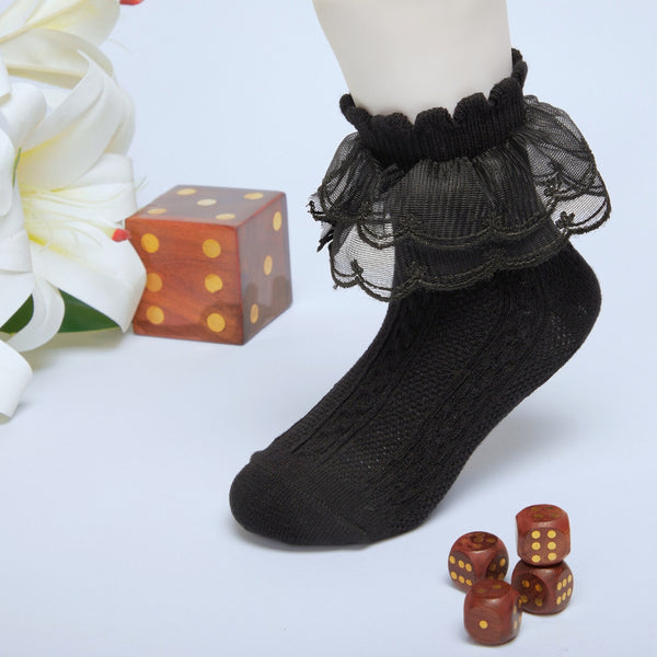 3 Pair Set Girl's 1 to 3 Years Frill Lace Cotton Solid Ankle Socks Black,White-SK1313/SK1325/SK1336