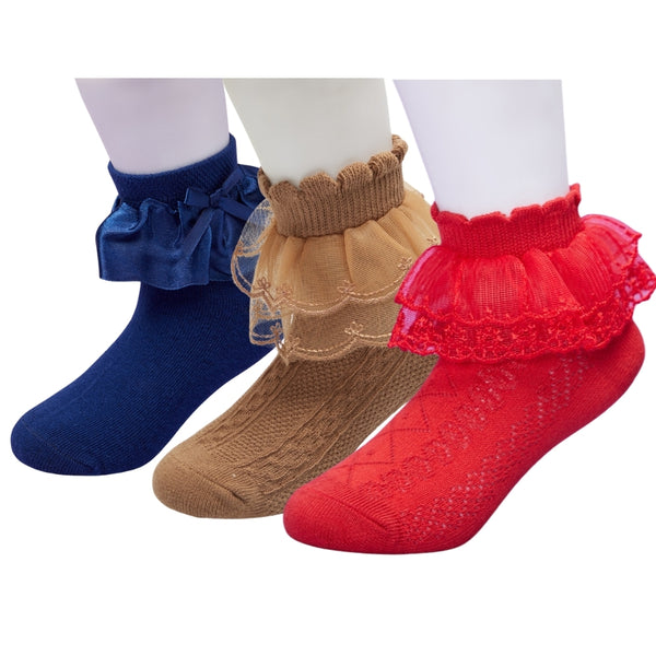 3 Pair Set Girl's 1 to 3 Years Frill Lace Cotton Solid Ankle Socks Blue,Brown,Red-SK1315/SK1327/SK1335
