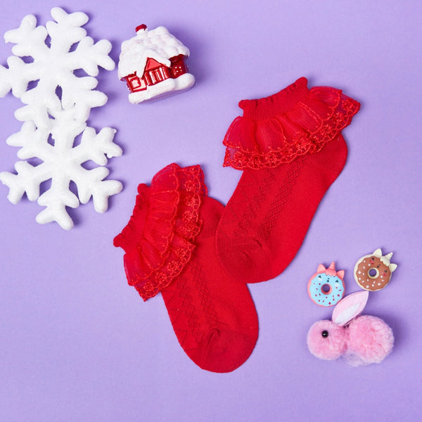 3 Pair Set Girl's 1 to 3 Years Frill Lace Cotton Solid Ankle Socks Blue,Brown,Red-SK1315/SK1327/SK1335