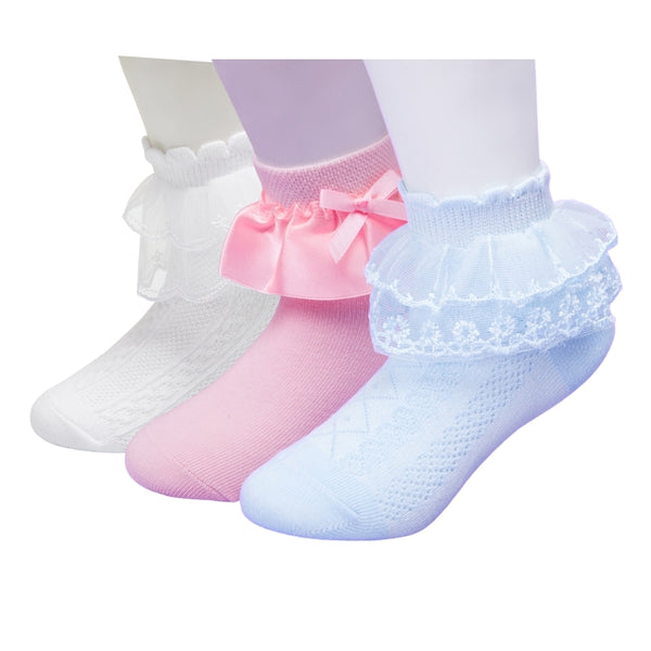 3 Pair Set Girl's 1 to 3 Years Frill Lace Cotton Solid Ankle Socks Pink,White,Blue-SK1316/SK1324/SK1332