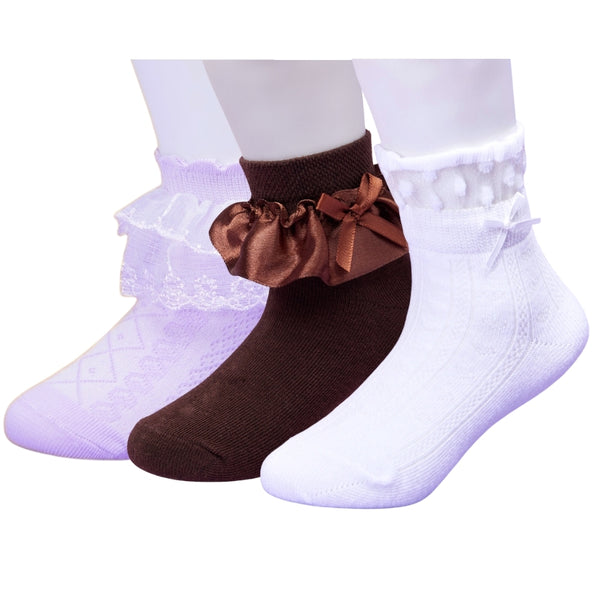 3 Pair Set Girl's 1 to 3 Years Frill Lace Cotton Solid Ankle Socks Brown,Purple,White-SK1317/SK1333/SK1336