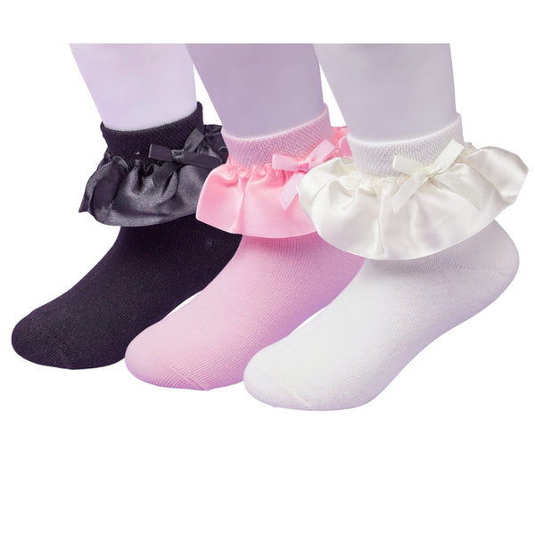 3 Pair Set Girl's 3 to 5 Years Frill Lace Cotton Solid Ankle Socks White,Black,Brown-SK1320/SK1319/SK1323