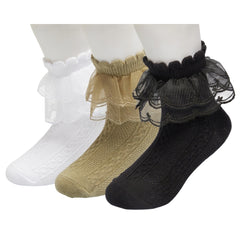 3 Pair Set Girl's 1 to 3 Years Frill Lace Cotton Solid Ankle Socks White,Black,Green-SK1324/SK1325/SK1328