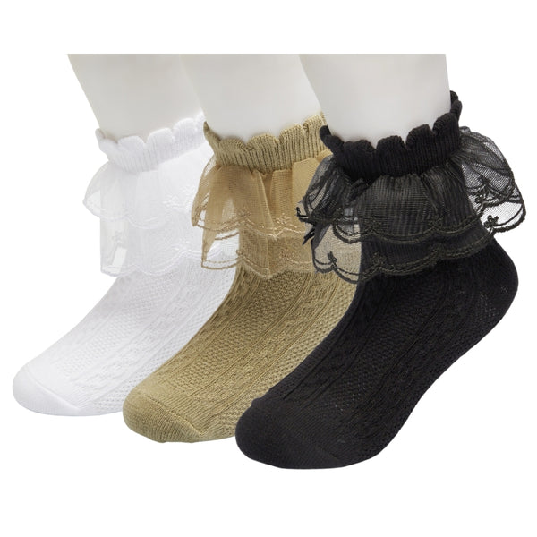 3 Pair Set Girl's 1 to 3 Years Frill Lace Cotton Solid Ankle Socks White,Black,Green-SK1324/SK1325/SK1328