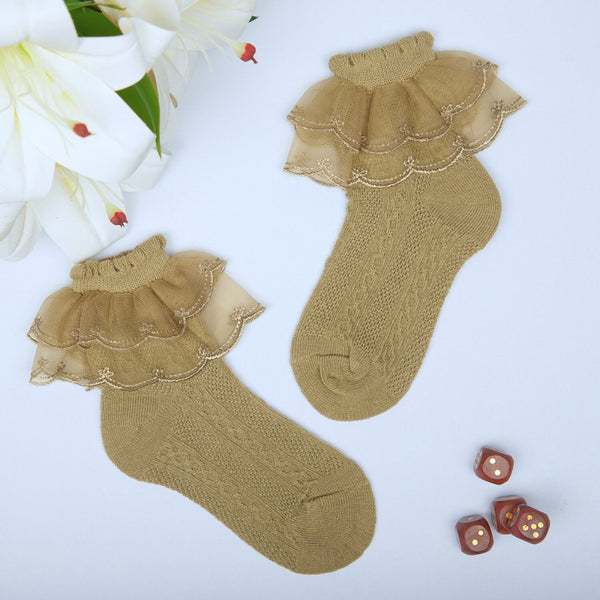 3 Pair Set Girl's 1 to 3 Years Frill Lace Cotton Solid Ankle Socks White,Black,Green-SK1324/SK1325/SK1328