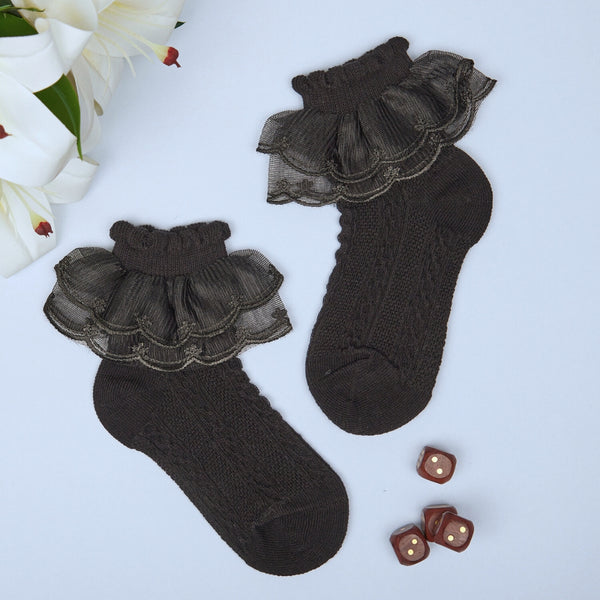 3 Pair Set Girl's 1 to 3 Years Frill Lace Cotton Solid Ankle Socks White,Black,Green-SK1324/SK1325/SK1328