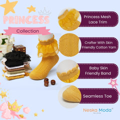 3 Pair Set Girl's 1 to 3 Years Frill Lace Cotton Solid Ankle Socks White,Black,Green-SK1324/SK1325/SK1328