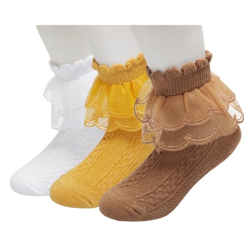 3 Pair Set Girl's 1 to 3 Years Frill Lace Cotton Solid Ankle Socks White,Brown,Yellow-SK1324/SK1327/SK1329