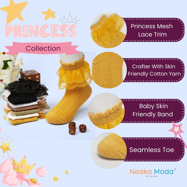 3 Pair Set Girl's 1 to 3 Years Frill Lace Cotton Solid Ankle Socks White,Brown,Yellow-SK1326/SK1327/SK1329