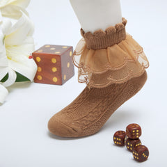 3 Pair Set Girl's 1 to 3 Years Frill Lace Cotton Solid Ankle Socks White,Brown,Yellow-SK1326/SK1327/SK1329