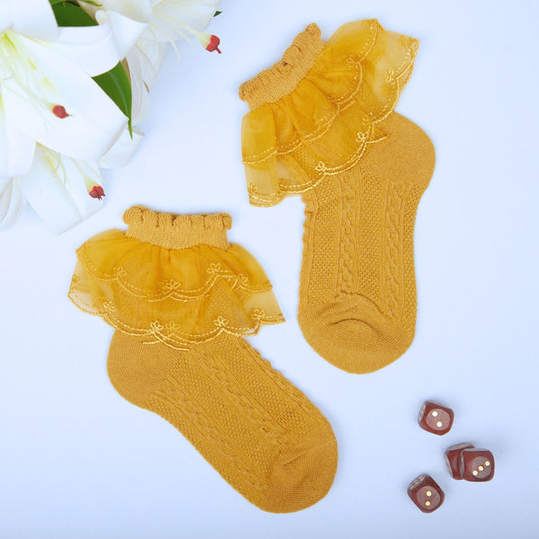 3 Pair Set Girl's 1 to 3 Years Frill Lace Cotton Solid Ankle Socks White,Brown,Yellow-SK1326/SK1327/SK1329