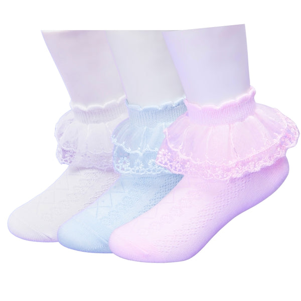 3 Pair Set Girl's 1 to 3 Years Frill Lace Cotton Solid Ankle Socks White,Pink,Blue-SK1330/SK1331/SK1332
