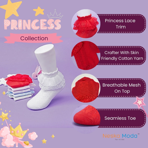3 Pair Set Girl's 1 to 3 Years Frill Lace Cotton Solid Ankle Socks White,Pink,Blue-SK1330/SK1331/SK1332