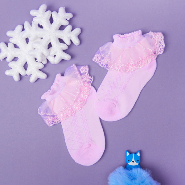 3 Pair Set Girl's 1 to 3 Years Frill Lace Cotton Solid Ankle Socks White,Pink,Blue-SK1330/SK1331/SK1332