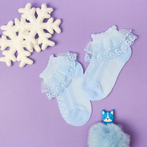 3 Pair Set Girl's 1 to 3 Years Frill Lace Cotton Solid Ankle Socks White,Pink,Blue-SK1330/SK1331/SK1332
