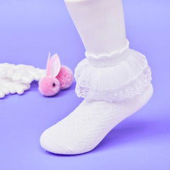 3 Pair Set Girl's 1 to 3 Years Frill Lace Cotton Solid Ankle Socks White,Pink,Blue-SK1330/SK1331/SK1332