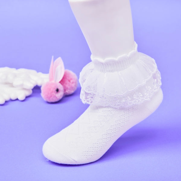 3 Pair Set Girl's 1 to 3 Years Frill Lace Cotton Solid Ankle Socks White,Pink,Blue-SK1330/SK1331/SK1332