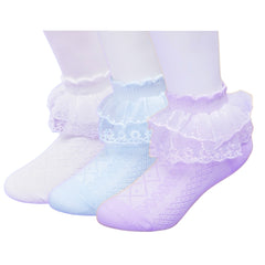 3 Pair Set Girl's 1 to 3 Years Frill Lace Cotton Solid Ankle Socks White,Purple,Blue-SK1330/SK1333/SK1332