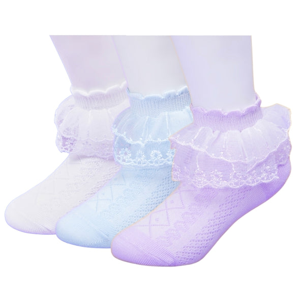 3 Pair Set Girl's 1 to 3 Years Frill Lace Cotton Solid Ankle Socks White,Purple,Blue-SK1330/SK1333/SK1332
