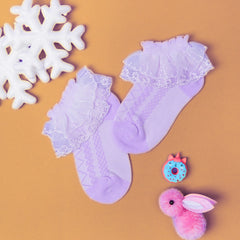 3 Pair Set Girl's 1 to 3 Years Frill Lace Cotton Solid Ankle Socks White,Purple,Blue-SK1330/SK1333/SK1332