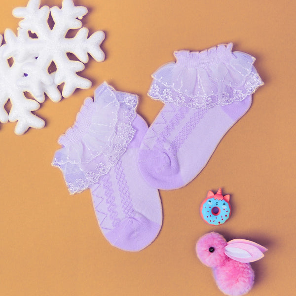 3 Pair Set Girl's 1 to 3 Years Frill Lace Cotton Solid Ankle Socks White,Purple,Blue-SK1330/SK1333/SK1332