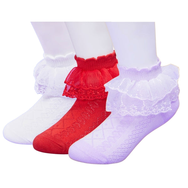 3 Pair Set Girl's 1 to 3 Years Frill Lace Cotton Solid Ankle Socks White,Purple,Red-SK1330/SK1333/SK1335