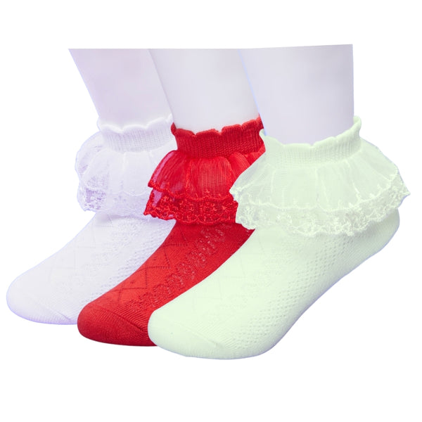 3 Pair Set Girl's 1 to 3 Years Frill Lace Cotton Solid Ankle Socks White,Red,Yellow-SK1330/SK1334/SK1335