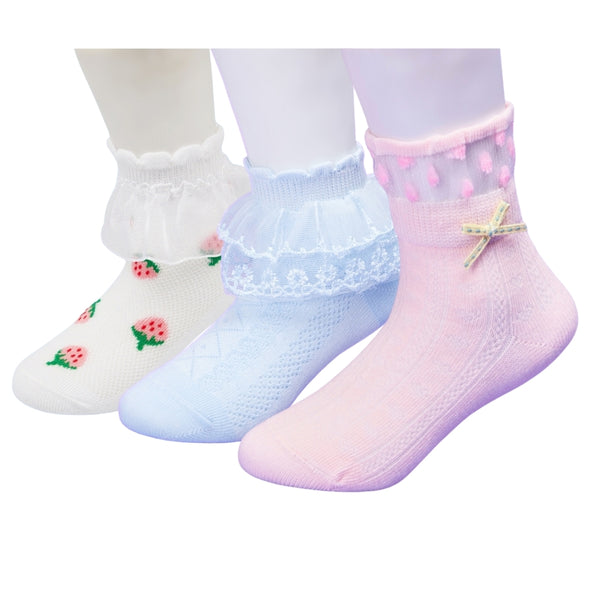 3 Pair Set Girl's 1 to 3 Years Frill Lace Cotton Solid Ankle Socks Blue,Pink,White-SK1332/SK1340/SK1341