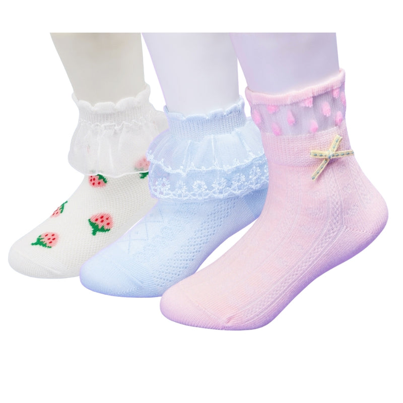 3 Pair Set Girl's 1 to 3 Years Frill Lace Cotton Solid Ankle Socks Blue,Pink,White-SK1332/SK1340/SK1341
