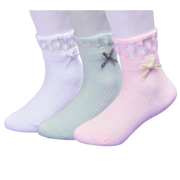 3 Pair Set Girl's 1 to 3 Years Frill Lace Cotton Solid Ankle Socks White,Green,Pink-SK1336/SK1337/SK1340