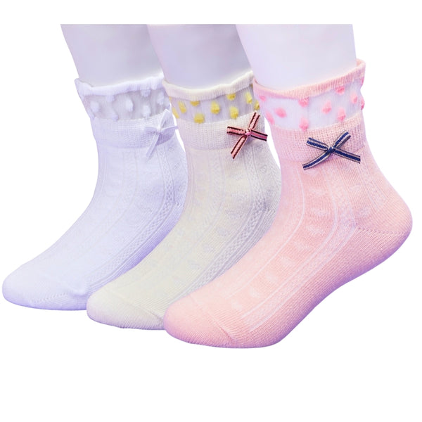 3 Pair Set Girl's 1 to 3 Years Frill Lace Cotton Solid Ankle Socks White,Brown,White-SK1336/SK1338/SK1339