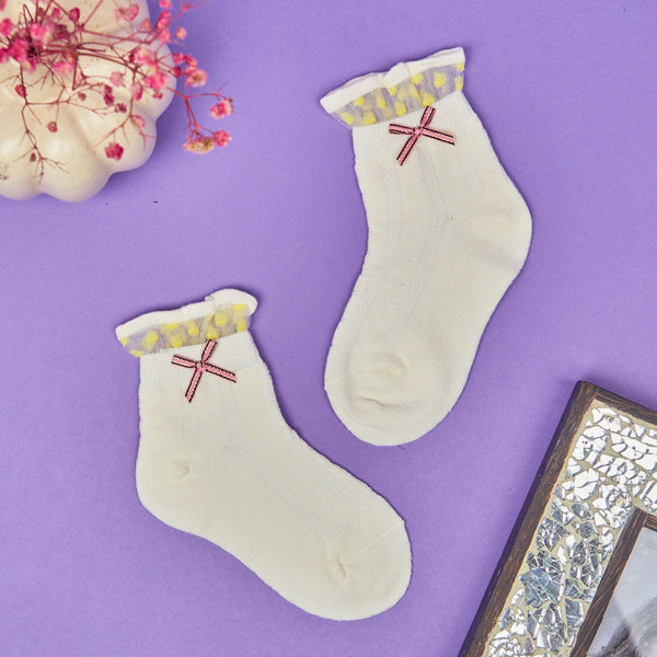3 Pair Set Girl's 1 to 3 Years Frill Lace Cotton Solid Ankle Socks White,Brown,White-SK1336/SK1338/SK1339
