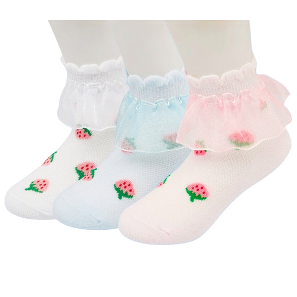 3 Pair Set Girl's 1 to 3 Years Frill Lace Cotton Solid Ankle Socks White,Blue,Pink-SK1341/SK1342/SK1343