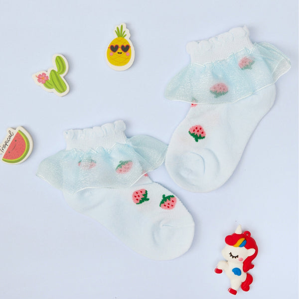 3 Pair Set Girl's 1 to 3 Years Frill Lace Cotton Solid Ankle Socks White,Blue,Pink-SK1341/SK1342/SK1343