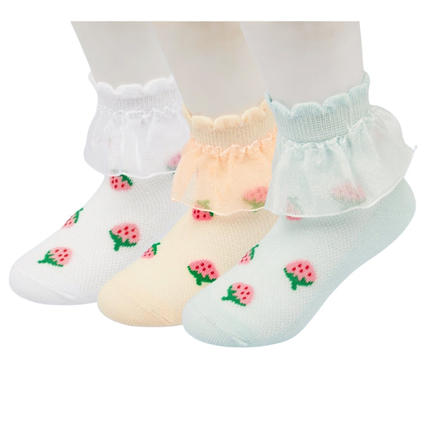 3 Pair Set Girl's 1 to 3 Years Frill Lace Cotton Solid Ankle Socks White,Green-SK1341/SK1344/SK1345