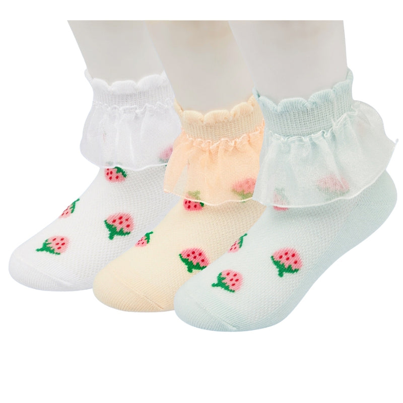 3 Pair Set Girl's 1 to 3 Years Frill Lace Cotton Solid Ankle Socks White,Green-SK1341/SK1344/SK1345