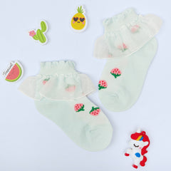 3 Pair Set Girl's 1 to 3 Years Frill Lace Cotton Solid Ankle Socks White,Green-SK1341/SK1344/SK1345
