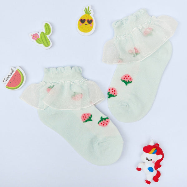 3 Pair Set Girl's 1 to 3 Years Frill Lace Cotton Solid Ankle Socks White,Green-SK1341/SK1344/SK1345