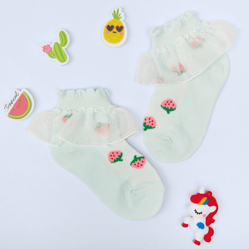 3 Pair Set Girl's 1 to 3 Years Frill Lace Cotton Solid Ankle Socks White,Green-SK1341/SK1344/SK1345