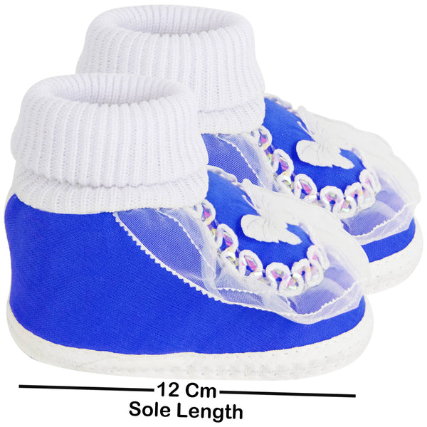 6 To 12 Months Baby Boys & Girls Cotton Pre-Walker Butterfly Frill Booties (White, Blue)-SK138