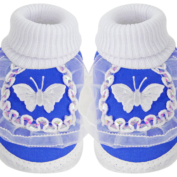 6 To 12 Months Baby Boys & Girls Cotton Pre-Walker Butterfly Frill Booties (White, Blue)-SK138