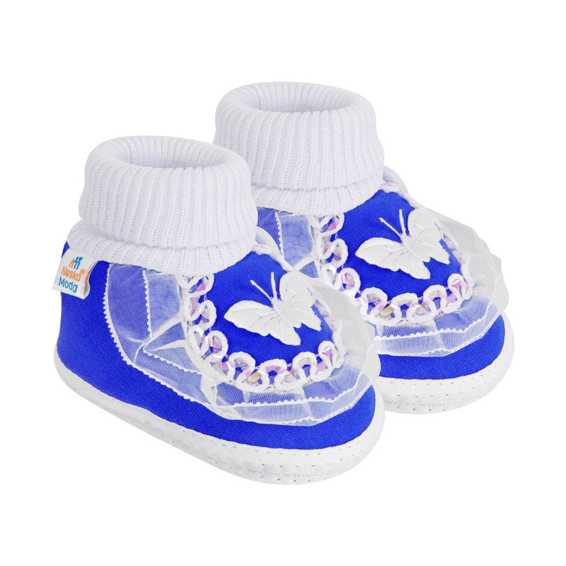 6 To 12 Months Baby Boys & Girls Cotton Pre-Walker Butterfly Frill Booties (White, Blue)-SK138