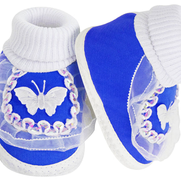 6 To 12 Months Baby Boys & Girls Cotton Pre-Walker Butterfly Frill Booties (White, Blue)-SK138