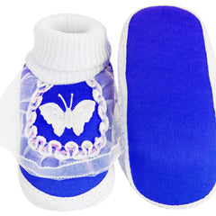 6 To 12 Months Baby Boys & Girls Cotton Pre-Walker Butterfly Frill Booties (White, Blue)-SK138