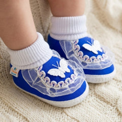 6 To 12 Months Baby Boys & Girls Cotton Pre-Walker Butterfly Frill Booties (White, Blue)-SK138