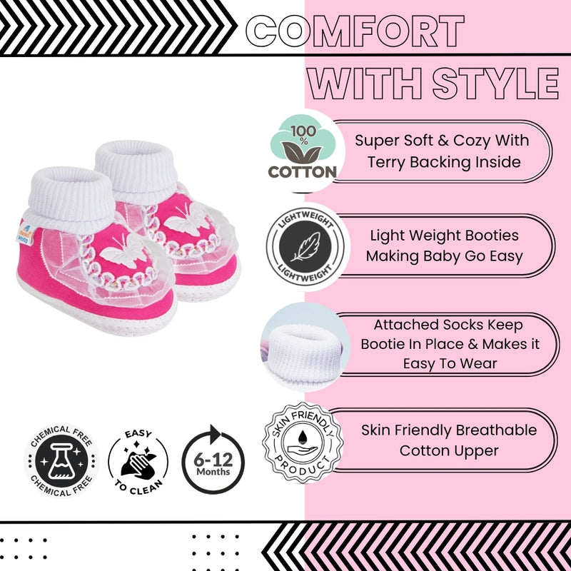 6 To 12 Months Baby Girls & Baby Boys Soft Cotton Cute Butterfly Booties (White, Pink)-SK139